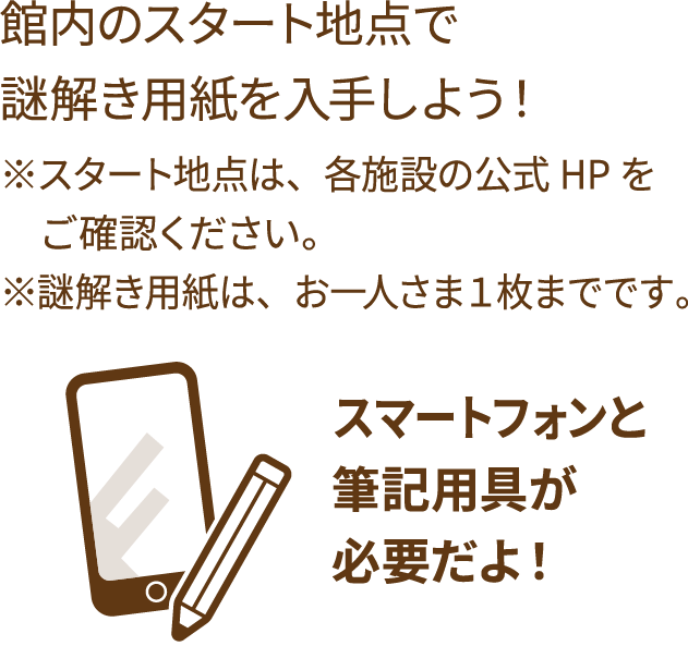 館内のスタート地点で謎解き用紙を入手しよう！ スマホ・筆記用具が必要だよ！ ※スタート地点は、各施設の公式HPをご確認ください。※謎解き用紙は、お一人さま1枚までです。