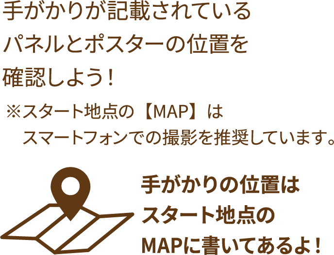 手がかりの位置はスタート地点のMAPに書いてあるよ！ 手がかりが記載されているパネルとポスターの位置を確認しよう！ ※スタート地点の【MAP】はスマートフォンでの撮影を推奨しています。